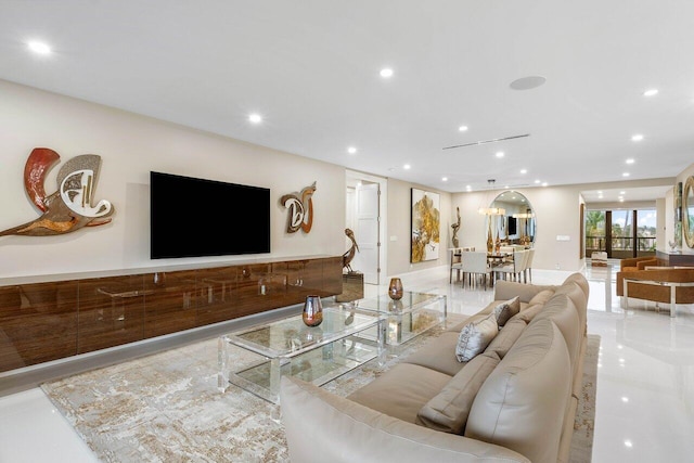 living room with tile flooring