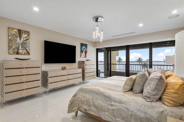 bedroom with a chandelier, light tile floors, and access to exterior