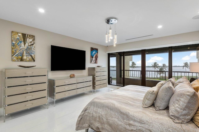 bedroom with light tile flooring, access to outside, and a chandelier