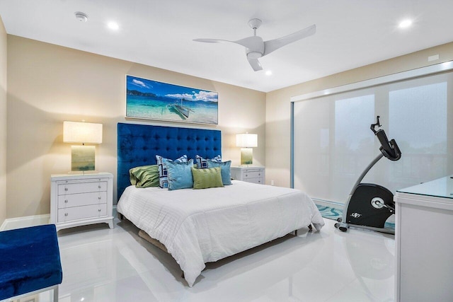 bedroom featuring ceiling fan and light tile floors