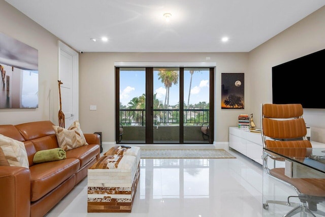 living room with tile flooring