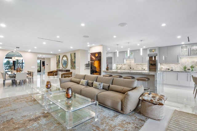 living room with light tile floors