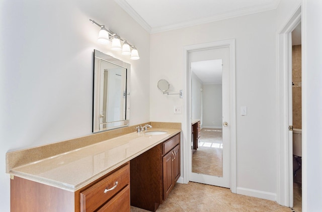 bathroom featuring vanity, tile patterned floors, and ornamental molding