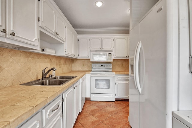 kitchen with white cabinetry, white appliances, sink, and ornamental molding