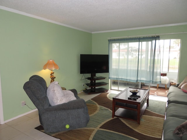 living room with crown molding, a wealth of natural light, tile flooring, and a textured ceiling