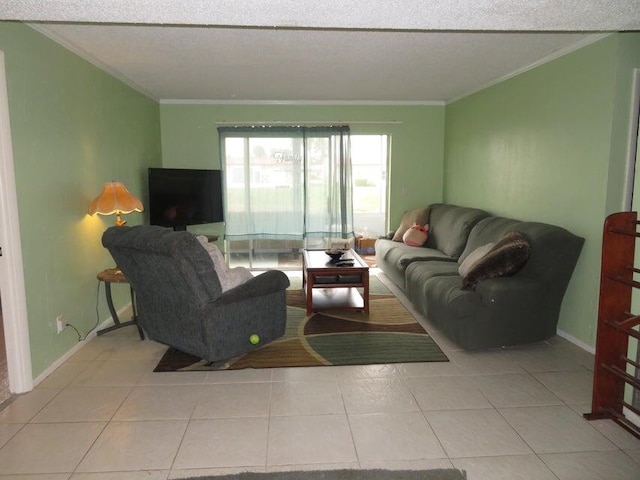 tiled living room featuring crown molding and a textured ceiling