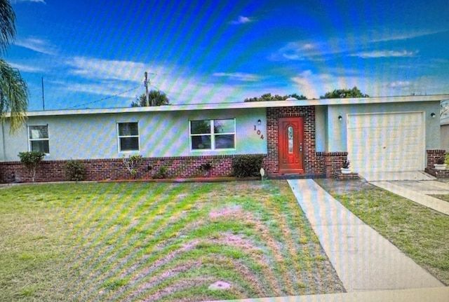 ranch-style house with a garage and a lawn