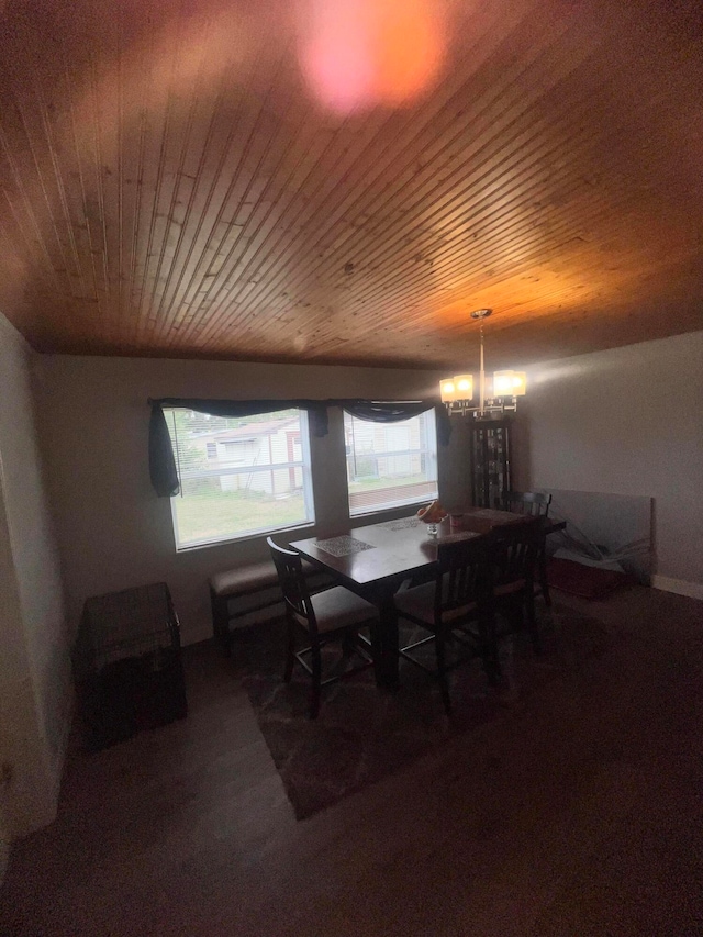 unfurnished dining area featuring a chandelier and wood ceiling