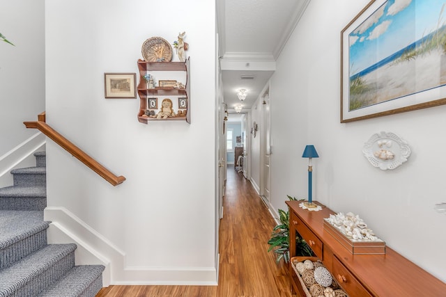 corridor featuring crown molding and light hardwood / wood-style flooring