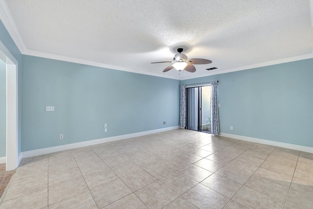 tiled empty room featuring ornamental molding, a textured ceiling, and ceiling fan