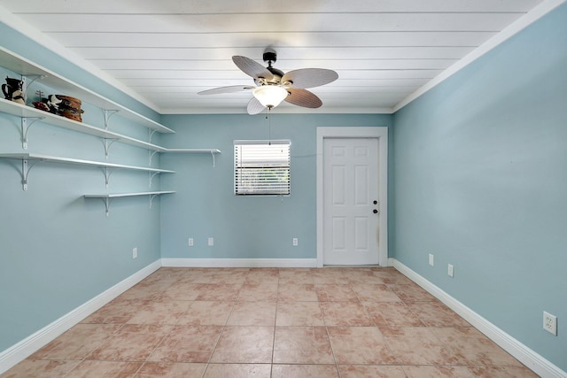 empty room with crown molding, wood ceiling, and ceiling fan