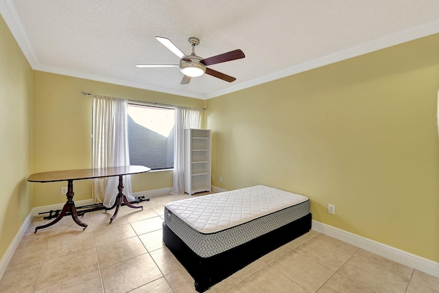 bedroom featuring crown molding, light tile patterned flooring, a textured ceiling, and ceiling fan