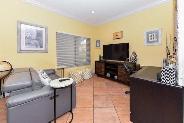 tiled home office featuring ornamental molding