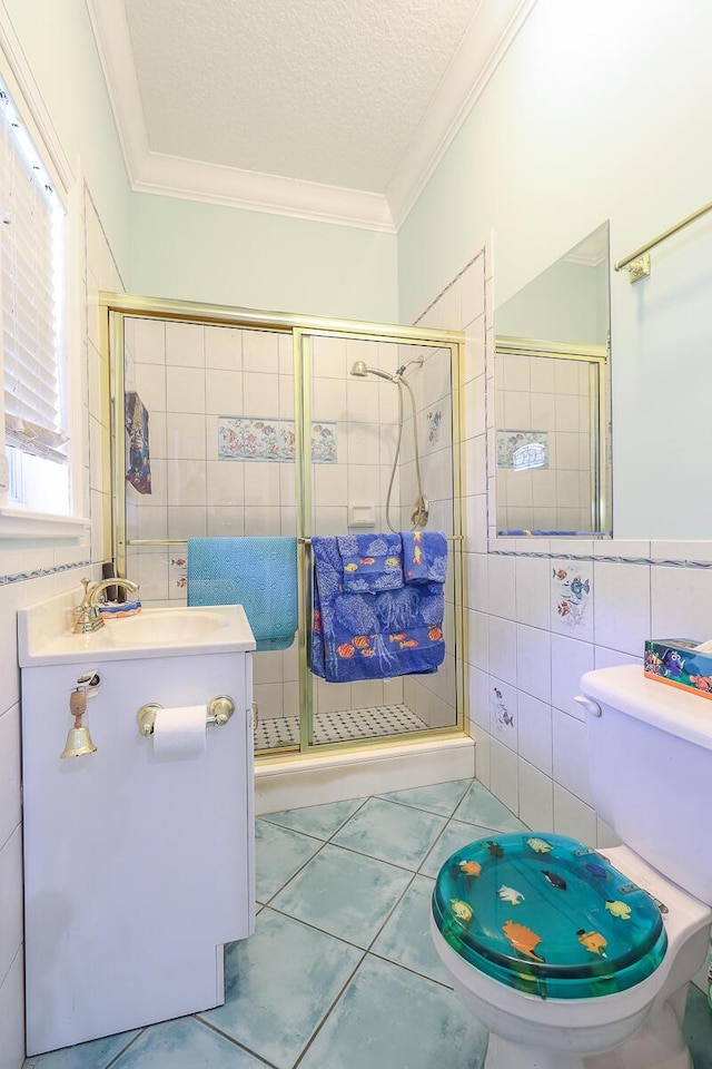 bathroom featuring walk in shower, tile patterned floors, a textured ceiling, toilet, and tile walls