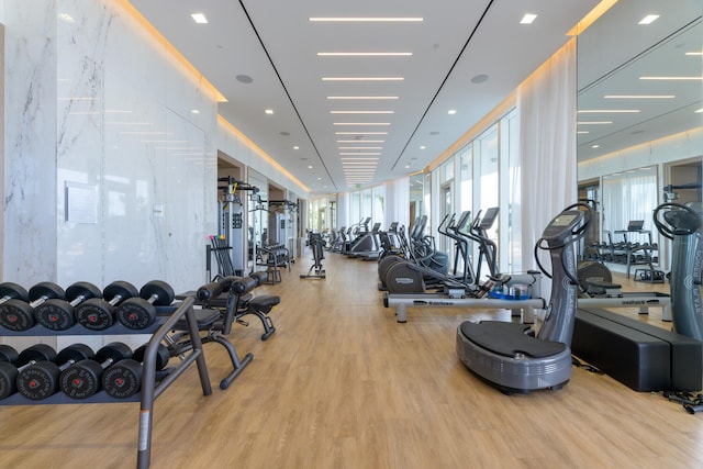 exercise room featuring light wood-type flooring