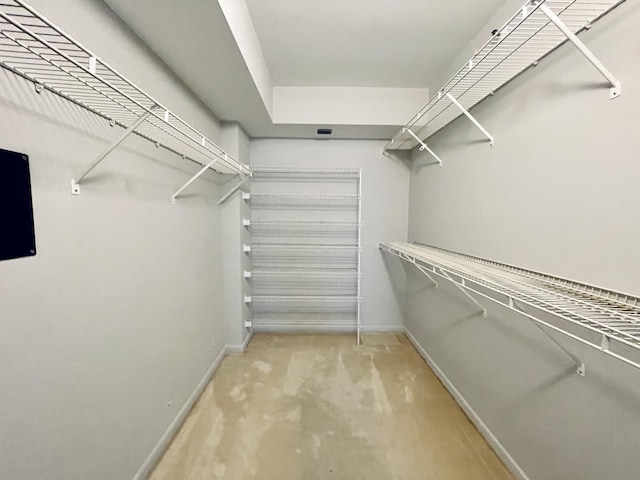 walk in closet featuring light colored carpet