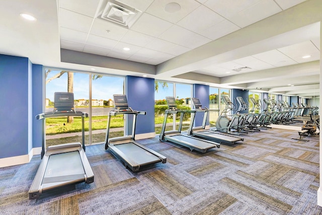 workout area featuring a wall of windows and carpet floors