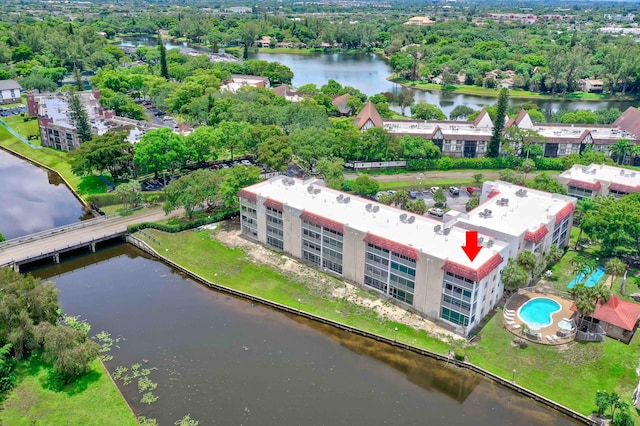 drone / aerial view featuring a water view