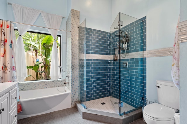 full bathroom with tile patterned flooring, vanity, toilet, and plus walk in shower