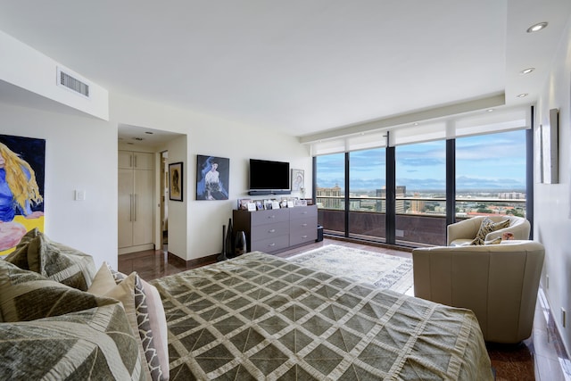 living room with dark hardwood / wood-style flooring