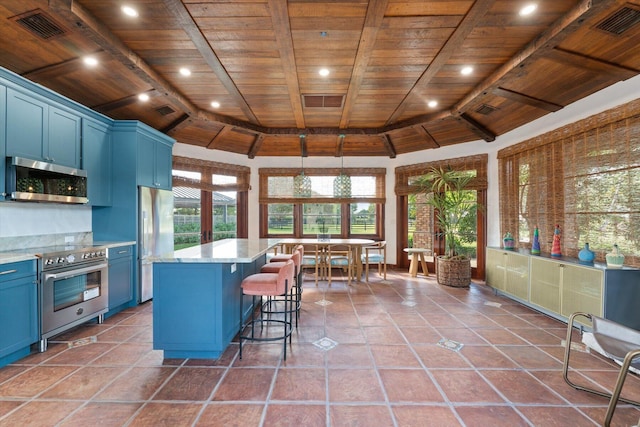 kitchen featuring stainless steel appliances, vaulted ceiling, wood ceiling, blue cabinets, and a center island