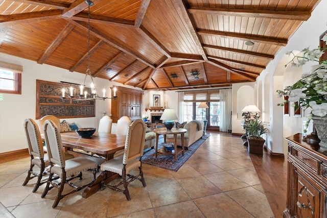 dining space featuring beamed ceiling, tile flooring, and wood ceiling