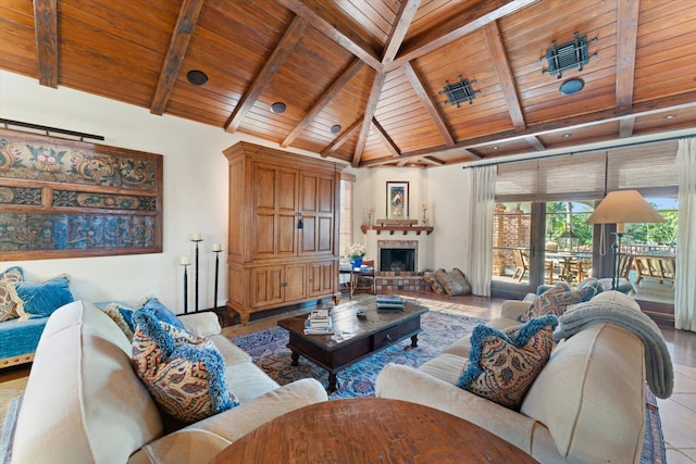 living room featuring high vaulted ceiling, wooden ceiling, and beam ceiling