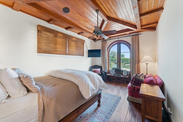 bedroom with beamed ceiling, wooden ceiling, dark hardwood / wood-style floors, and ceiling fan