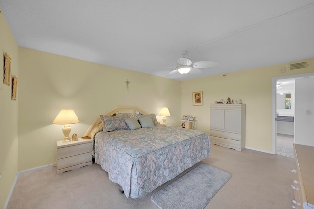 bedroom featuring light carpet, a textured ceiling, access to outside, and ceiling fan