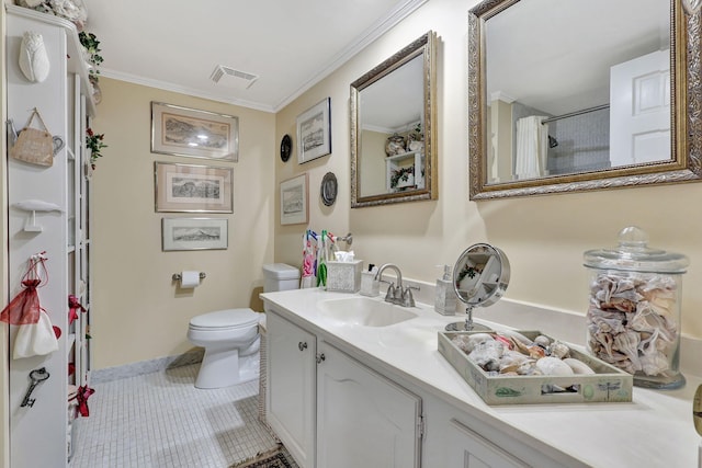 bathroom with tile floors, ornamental molding, toilet, and vanity