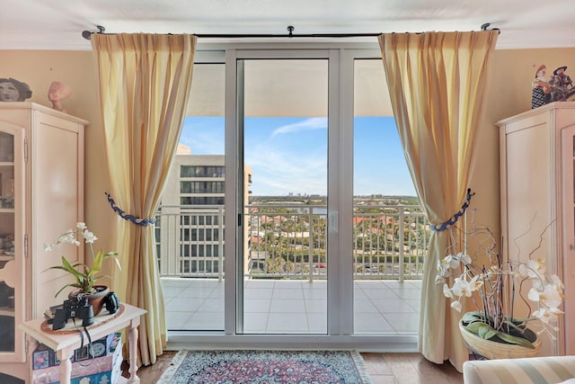 doorway with a healthy amount of sunlight and hardwood / wood-style flooring