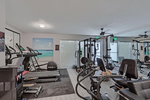 workout area featuring ceiling fan