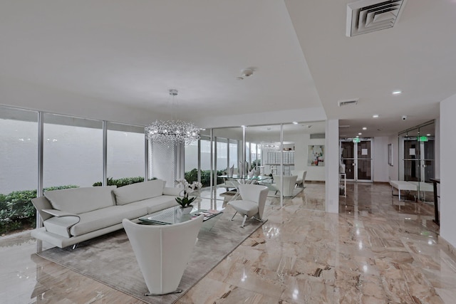 tiled living room with a chandelier