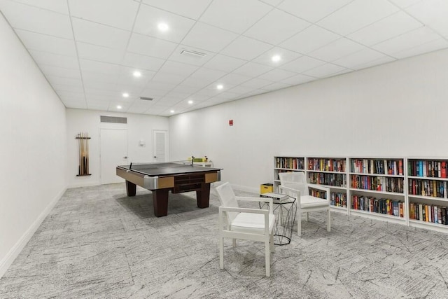 rec room with light carpet, a drop ceiling, and billiards