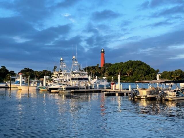 property view of water featuring a boat dock