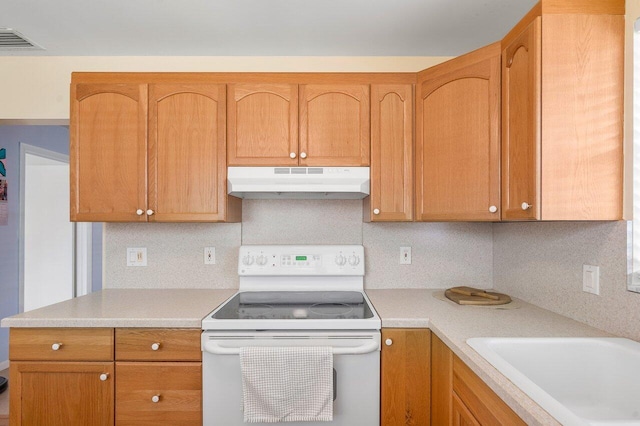 kitchen featuring white electric range, sink, and decorative backsplash