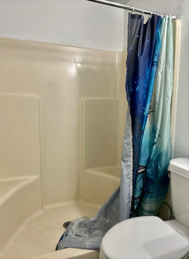 bathroom with toilet and a shower with curtain