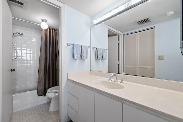 full bathroom with tile floors, shower / tub combo with curtain, oversized vanity, and toilet