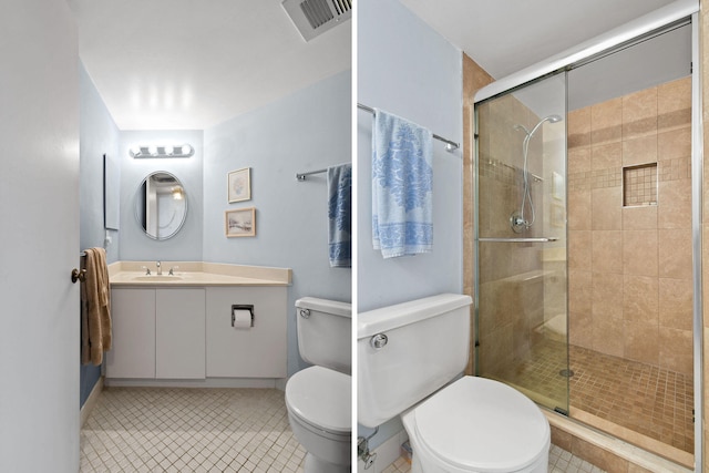 bathroom with an enclosed shower, tile flooring, vanity, and toilet