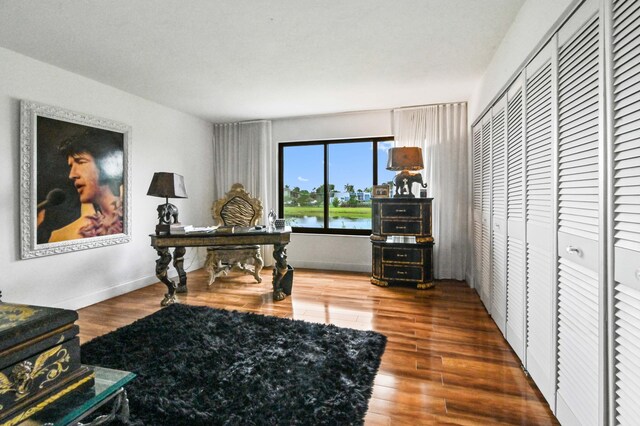 office space with a water view and hardwood / wood-style floors