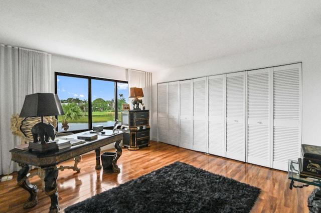 home office with wood finished floors