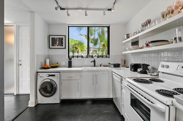 kitchen featuring white cabinetry, dishwashing machine, white electric range, washer / dryer, and sink