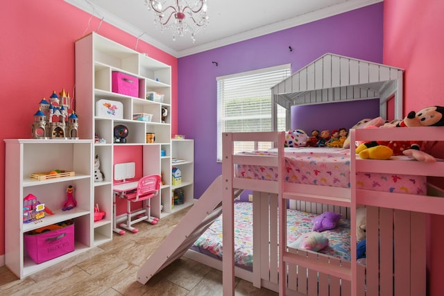 bedroom featuring ornamental molding and a notable chandelier