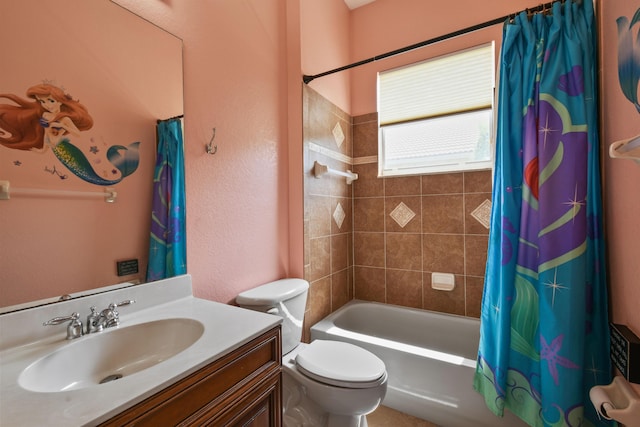 full bath featuring vanity, toilet, and shower / bath combo with shower curtain