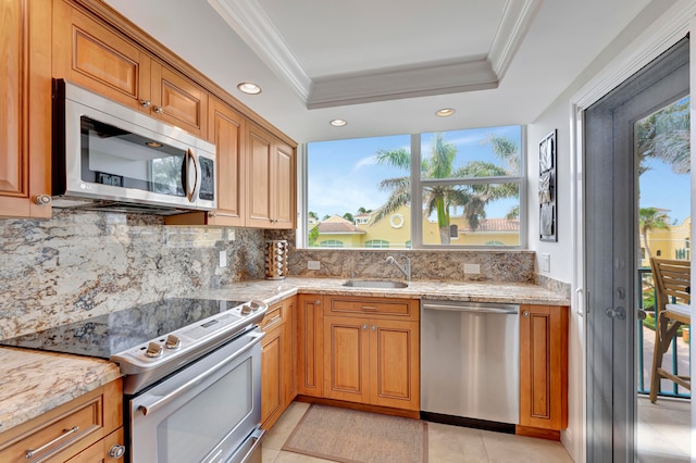 kitchen with light stone counters, a raised ceiling, sink, stainless steel appliances, and crown molding