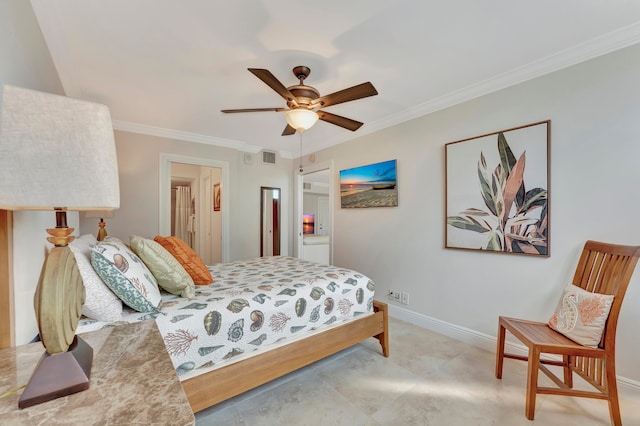 bedroom with crown molding and ceiling fan