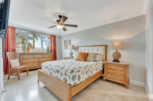 bedroom featuring ceiling fan and crown molding