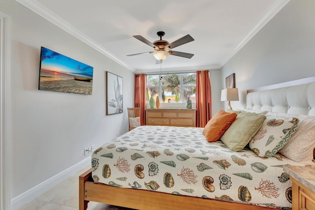 bedroom featuring light tile patterned flooring, crown molding, and ceiling fan