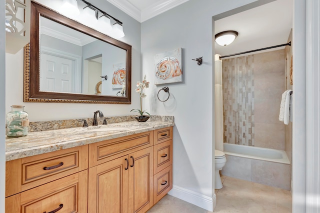 full bathroom with vanity, tile patterned flooring, shower / tub combo, crown molding, and toilet