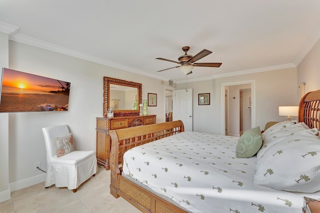 bedroom featuring ceiling fan and crown molding